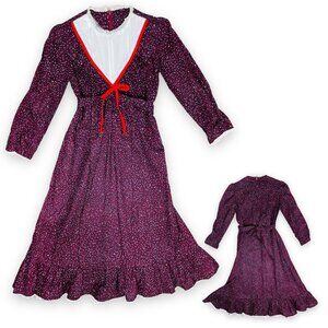 Vintage 70s 80s Girls Polka Dot Cottagecore Long Sleeve Prairie Dress 6 - 7